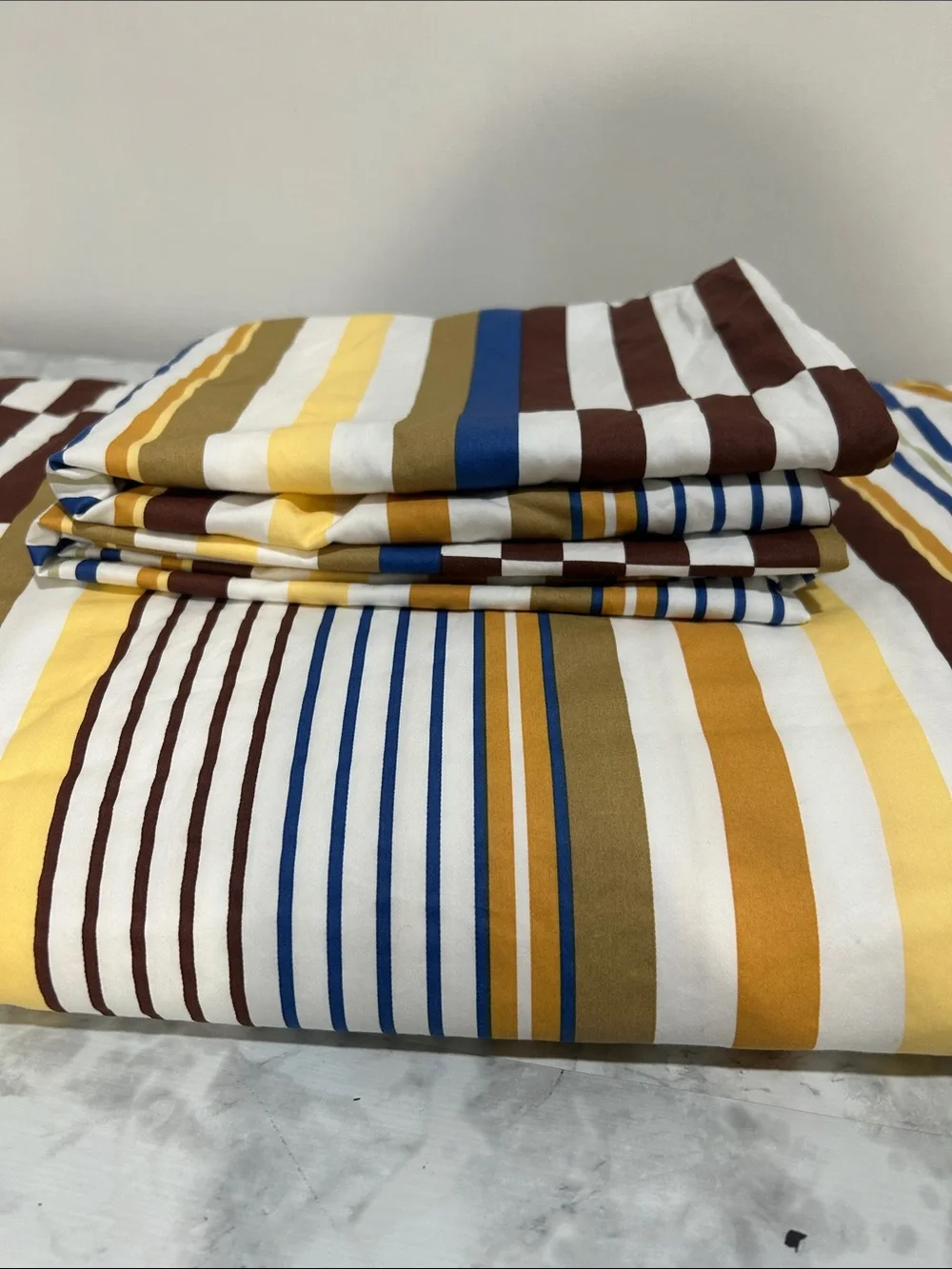 Brooklinen Yellow White Striped Cotton Panel Duvet W/ Two Pillow Set Full/Queen